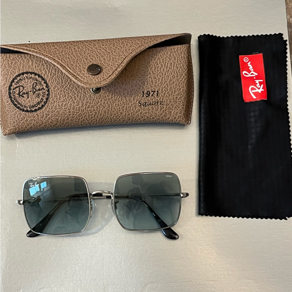 Ray Ban Square 1971 Classic Sunglasses - polished silver frame w light blue lens